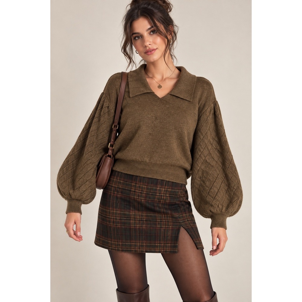 Dark Academia Brown Balloon Sleeve Collared Sweater Grandpacore XXL